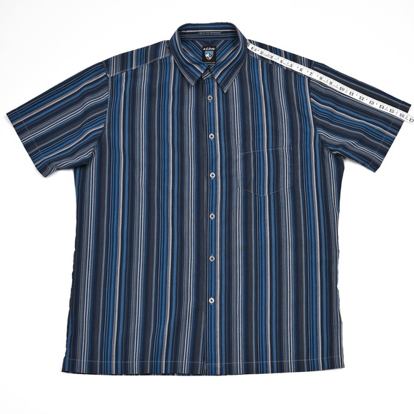 Kuhl Shirt Button Down Short Sleeve Blue Striped Hiking Men's Large Poly Blend - Picture 5 of 7